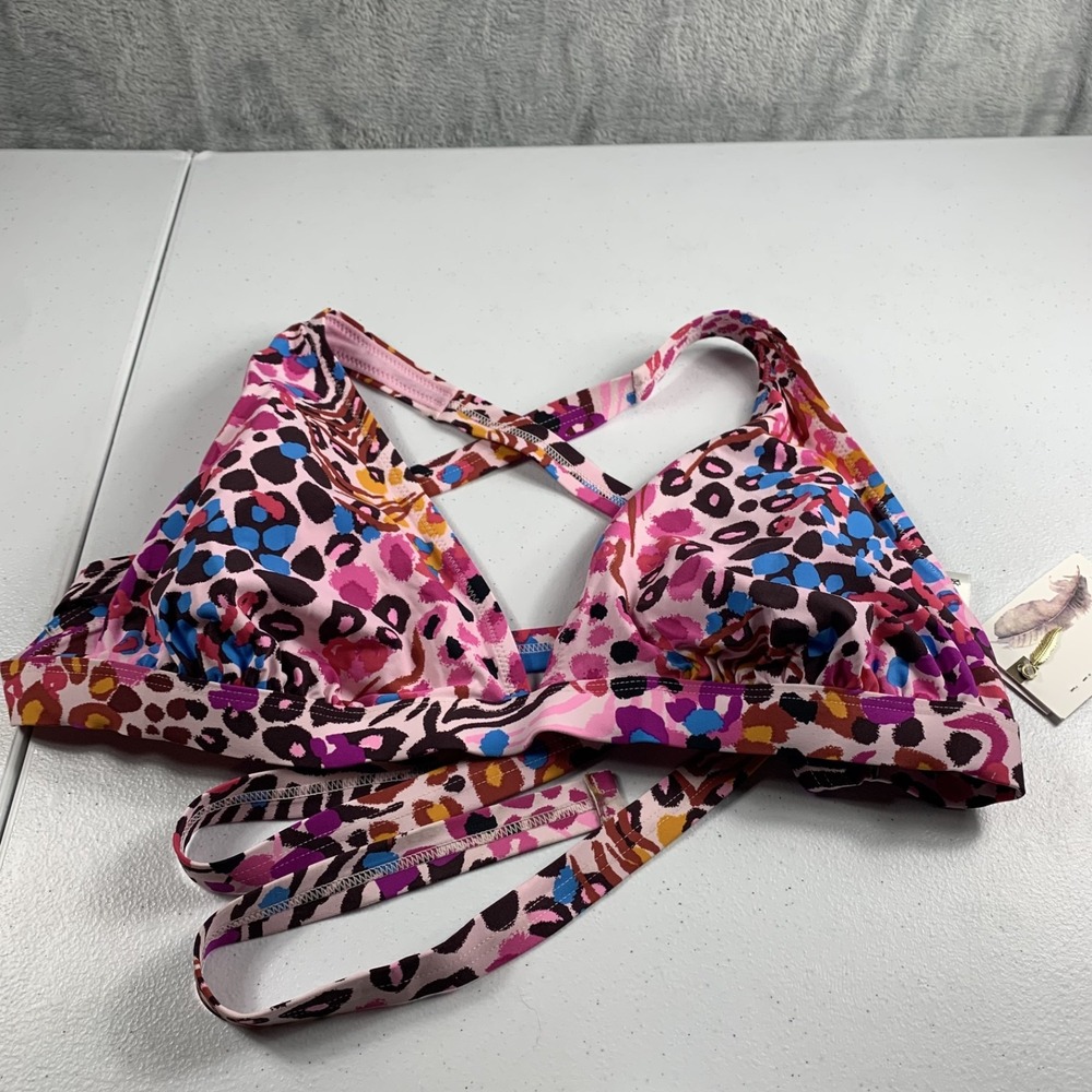 Jessica Simpson Women's Cross-Back Bikini Swim Top Size D Pink Leopard Print NWT